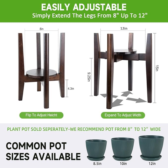 Adjustable Plant Stand with Tray,Indoor Wood Plant Stand Fit 8'' to 12'' Planter,Mid Century Modern Flower Pot Holder Rack(Plant and Pot Not Included)
