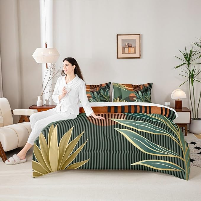 Erosebridal Mid Century Comforter Set King Size Vintage Bohemian 7 Pcs Bedding Sets,Modern Minimalist Bed in a Bag Abstract Geometric Stripes Art Quilt with Flat Fitted Sheet,Green Orange