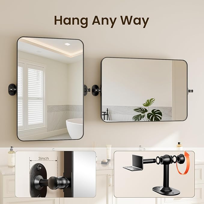 Pivot Mirror 24x36 Adjustable Tilting Rectangle, Matte Black Metal Frame Bathroom Vanity Mirror, Horizontal/Vertical Mount, HD Shatterproof Glass for Farmhouse/Modern Bathroom Over Sink