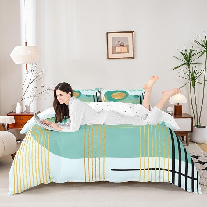 Erosebridal Boho Mid Century Twin Comforter Cover Turquoise Neutral Modern Duvet Cover Geometric Abstract Bed Set Minimalist Aesthetic Bedding Set