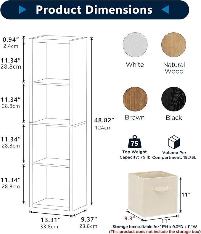4 Cube Storage Organizer Single Row, Cube Shelf with Heavy-Duty Thick Boards, 13.31" L x 9.37" W x 48.82" H, Smooth Easy-Clean Panels, Simple Assembly, for Living Room Bedroom Office, Black
