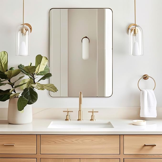 ANDY STAR Gold Bathroom Mirror for Wall, 20x28” Brushed Brass Metal Rounded Corner Rectangle Mirror, Wall Mirror in Stainless Steel Metal Frame, 1" Deep Set Design Hangs Horizontal Or Vertical