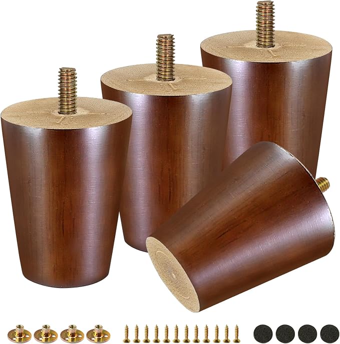 FoDau770 Brown Rubber Wood Furniture Legs 3 Inches, Straight Tapered Wood Feet Mid Century Sofa Legs Set of 4, 5/16" UNC Furniture Feet for Cabinet Couch Dresser Chair Ottoman Table
