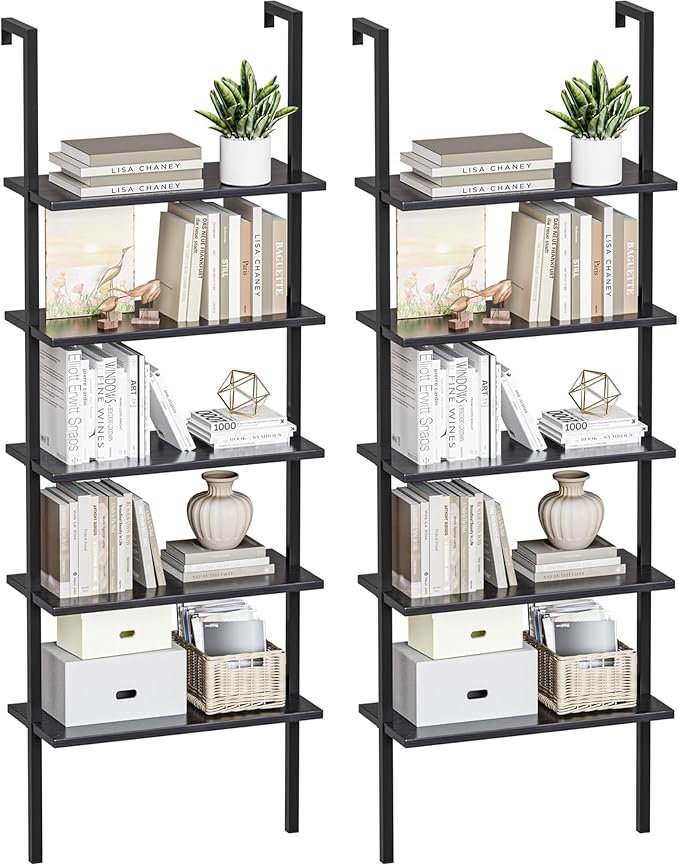 Furmax 5-Tier Bookshelf, Wall Mount Ladder Shelf with Wood Board and Industrial Metal Frame, for Home Office, Living Room, Bedroom, Entryway and Hallway, (2, Black)