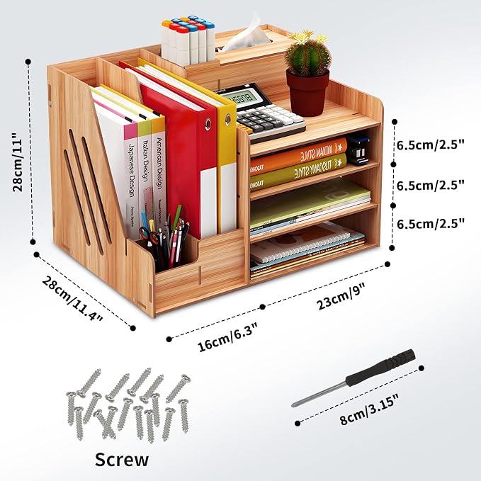 FYY Desk Organizer Wooden Desktop Organizer with 3 Trays - Assembly is Required - Large Desk File Organizer Office Supplies Desk Organizer Tray, Pen Holder and Tissue Box for School Home