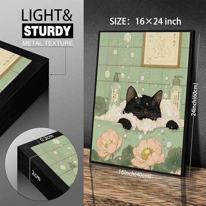 Black Cat in Bathtub Poster Vintage Japanese Bathroom Wall Art 16X24 inch Black Framed Funny Cute Animal Canvas Prints for Bedroom Restroom Toilet Wall Decor