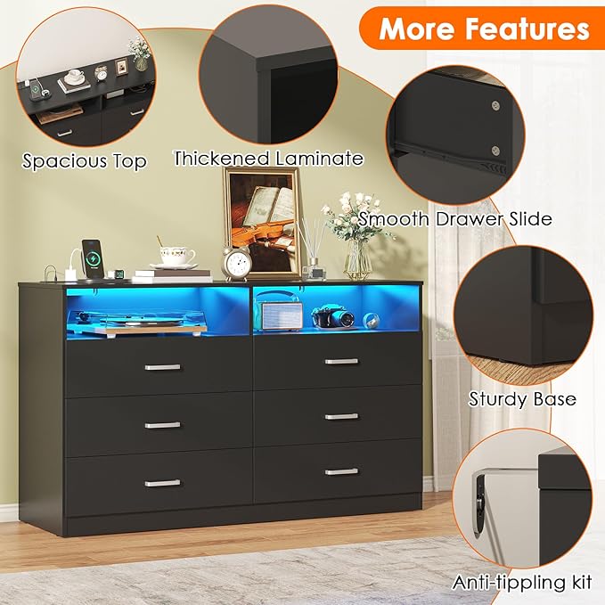 Bigbiglife Dresser for Bedroom, 6 Drawer Dresser with Charging Station and Led Light, Modern Chest of Drawers for Bedroom, Living Room,Black