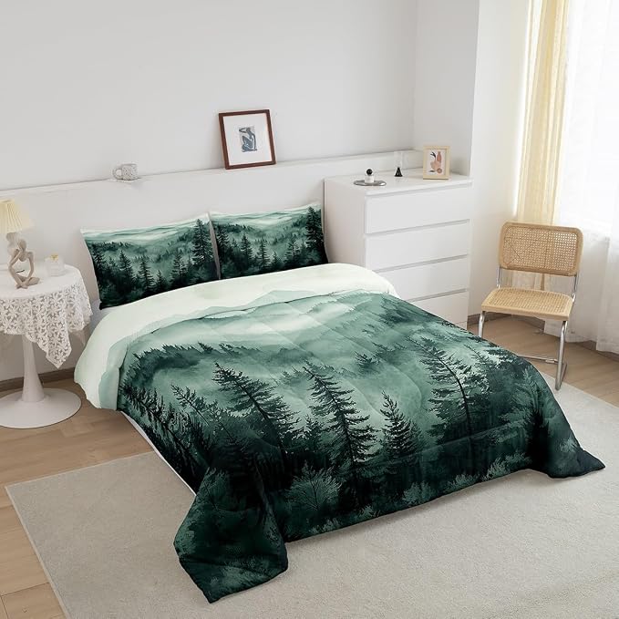 Erosebridal Green Misty Forest Comforter Set King Jungle Smoky Mountain Bedding Set for Kids Boys Girls Pine Tree Fog Magic Comforter Rustic Nature Woodland Quilt Duvet