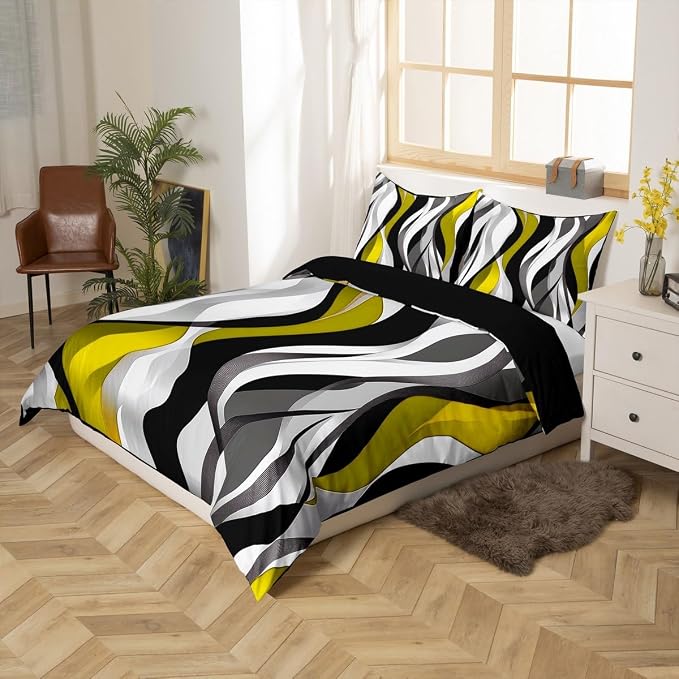Yellow Black Stripes Duvet Cover Set Toddler Size,Geometric Comfy Striped Waves Bedding Set,Boys Girls Room Decor,Modern Abstract Simple Art Comforter Cover,Chic Quilt Cover,1 Pillowcase(No Filler)