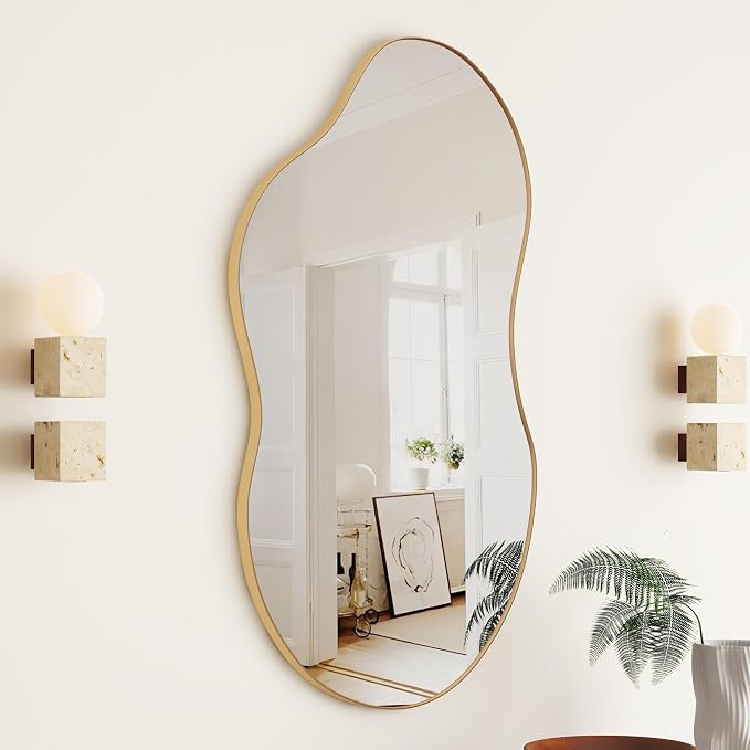 SHYFOY Irregular Wall Mirror Decorative, 20"x32" Antique-Gold Mirror for Wall Decor Wavy Accent Mirrors Asymmetrical for Living Room Bathroom Bedroom Entryway, Abstract Irregular Shape Curvy Mirror