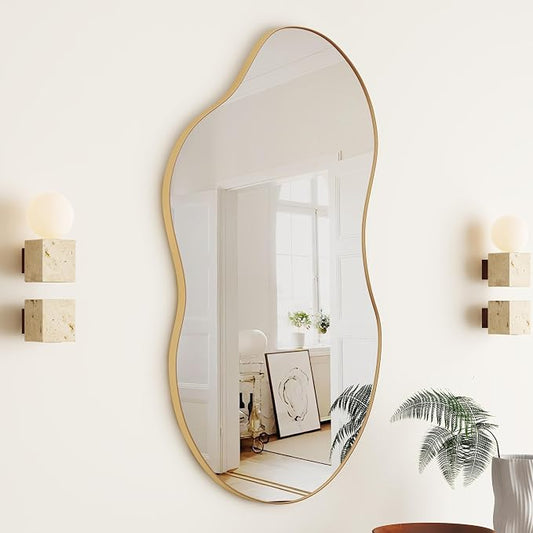 SHYFOY Irregular Wall Mirror Decorative, 20"x32" Antique-Gold Mirror for Wall Decor Wavy Accent Mirrors Asymmetrical for Living Room Bathroom Bedroom Entryway, Abstract Irregular Shape Curvy Mirror