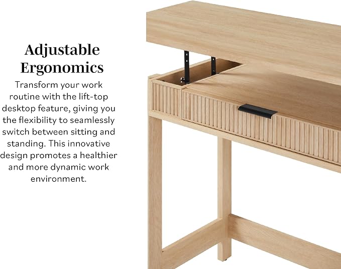Walker Edison Transitional Style Furniture, Reeded Detail, Lift-Top Desk with Drawer and Storage Cubby, Sitting to Standing Desk, Soft Self-Close Desktop, 38 Inch, Coastal Oak