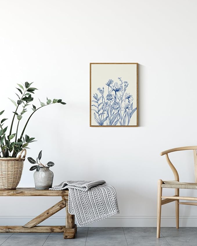ARPEOTCY Vintage Framed Canvas Wall Art, 12x16 Inch Blue Botanical Flower Wall Art, Minimalist Line Drawing Floral Print, Nature Canvas Picture for Living Room, Bedroom, or Bathroom Decor
