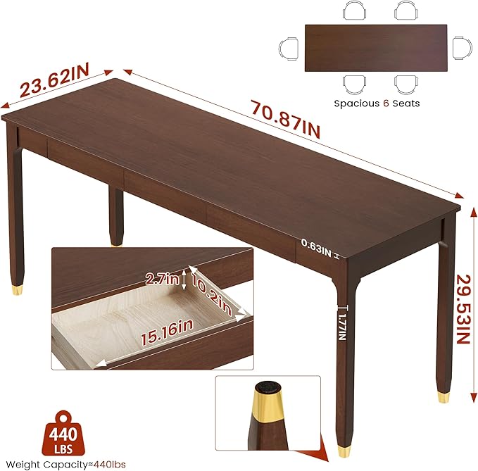 70.9” Long Solid Wood Desk with Drawers - Mid Century Modern Office Desks, Executive Computer Desk for Two People, 2 Person Desk|Gaming Writing Study Table for 2 Monitors-Dark Walnut