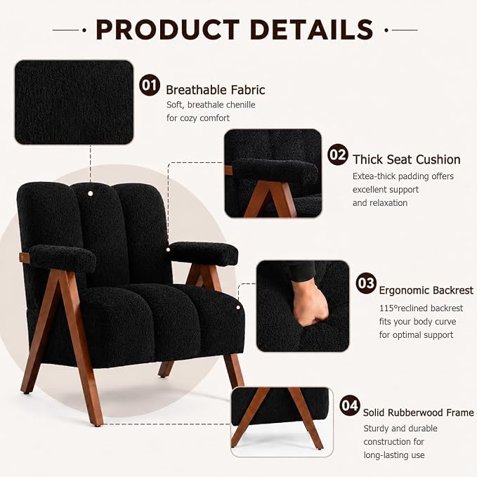 Mid Century Modern Accent Chair with Solid Oak Wood Frame, Upholstered Chenille Lounge Chair with Ergonomic Backrest and Thick Cushion for Living Room Bedroom Balcony, Black
