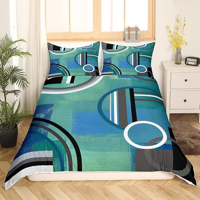 Geometric Comforter Cover Queen,Oil Painting Duvet Cover Watercolor Bedding,Circles Bedding Set,Blue Green Black Grey Quilt Cover,Modern Artwork Soft Cozy Bedspread Cover with Zipper& Ties