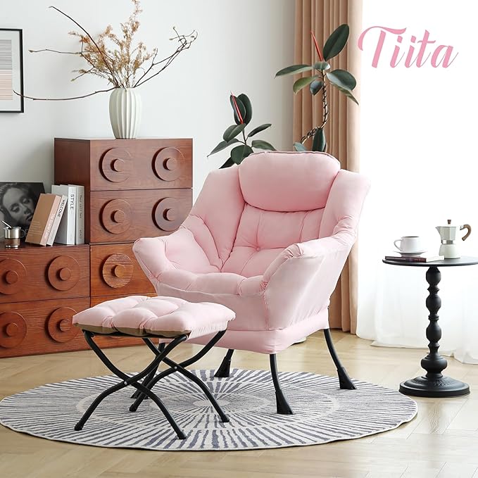Tiita Lazy Chair with Ottoman, Pink Modern Large Accent Chair, Comfy Leisure Sofa Armchair with Ottoman, Reading Chair with Footrest for Bedroom, Living Room, Dorm Rooms, Pink