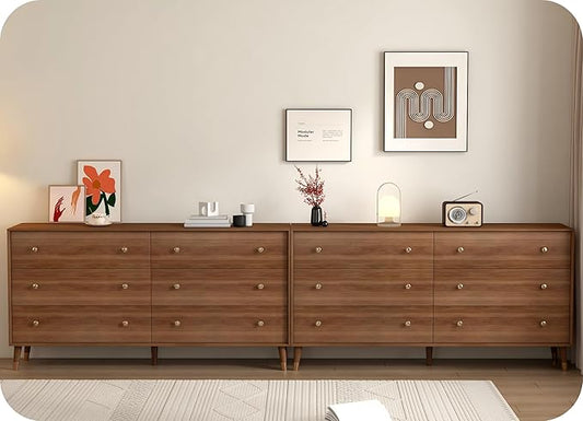 6 Drawer Dresser For Bedroom, 2PCS 55 Inch Dresser for Closet, Mid Century Walnut Dressers with Natural Texture & Pre-Embedded Slots for TV Stand, Living Room, Hallway, Office,Easy to Assembly