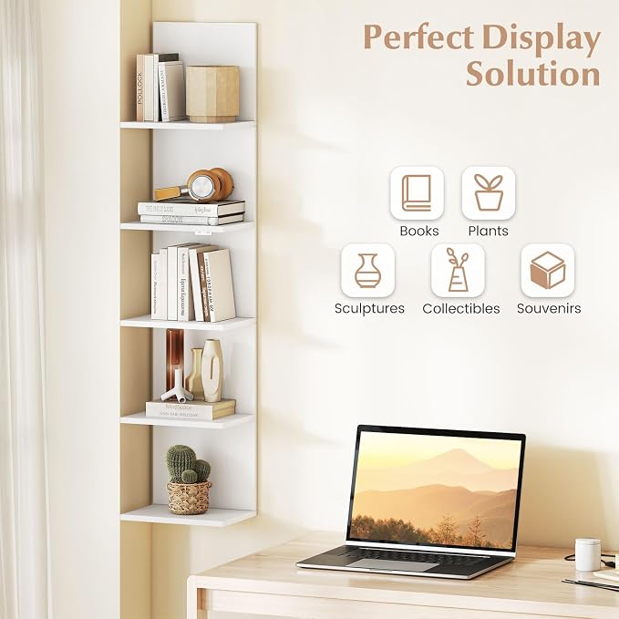 LOKO 5-Tier Wall Shelf, Vertical Column Storage Organizer with Expansion Screws, Decorative Wall Mounted Shelving, Floating Wooden Display Shelf for Living Room, Kitchen, Bathroom (1,White)