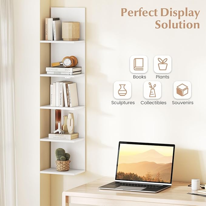 LOKO 5-Tier Wall Shelf, Vertical Column Storage Organizer with Expansion Screws, Decorative Wall Mounted Shelving, Floating Wooden Display Shelf for Living Room, Kitchen, Bathroom (2,White)