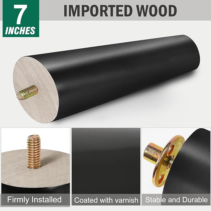 FoDau770 Black Rubber Wood Furniture Legs 7 Inches, Slant Tapered Wood Feet Mid Century Sofa Legs Set of 4, 5/16" UNC Furniture Feet Replacement Parts for Cabinet Couch Dresser Chair Ottoman Table
