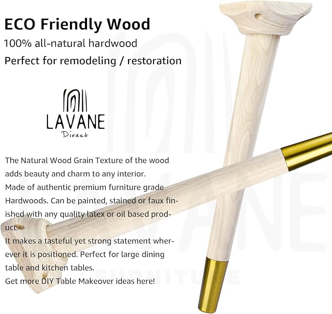 La Vane 17 inch / 42cm Wooden Table Legs with Mounting Blocks, Set of 4 Mid-Century Modern Tapered Unfinished Solid Wood Replacement Legs for Bench Coffee Table Dining Table Chair Desk