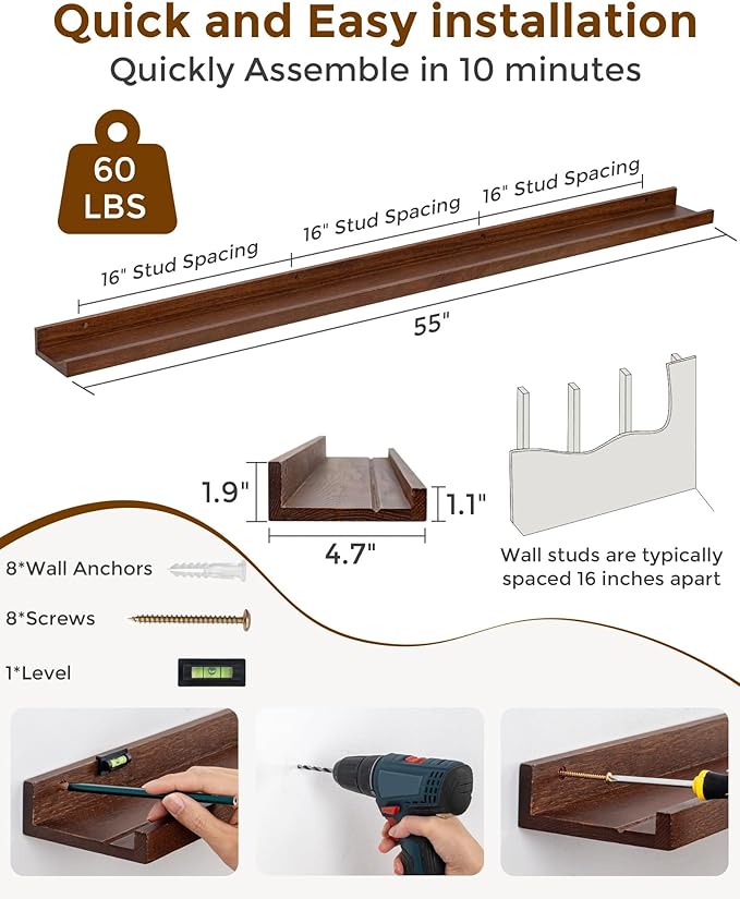 Axeman Oak Picture Ledge Shelf, 55 Inch Floating Shelves Set of 2, Solid Oak Wood Wall Shelves with Lip, Wall Decor Storage for Bedroom Living Room Bathroom Kitchen Nursery Photo Picture, Walnut
