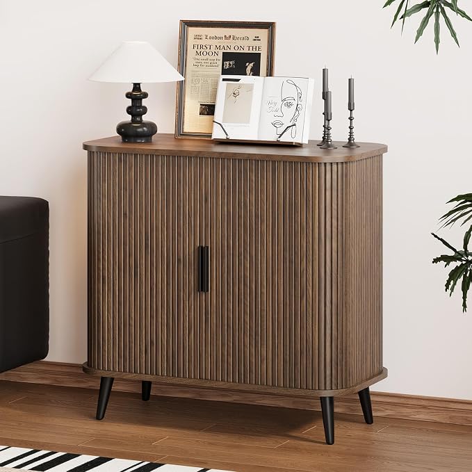 Svimi Accent Cabinet with Sliding Doors - Walnut Sideboard Buffet Cabinet with Storage for Coffee Bar, Console Table - MCM Design Bar Cabinets for Modern Home Décor Set 3