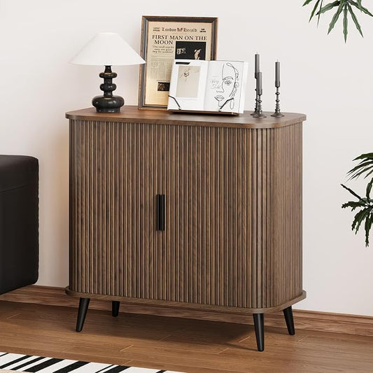 Svimi Accent Cabinet with Sliding Doors - Walnut Sideboard Buffet Cabinet with Storage for Coffee Bar, Console Table - MCM Design Bar Cabinets for Modern Home Décor Set 3