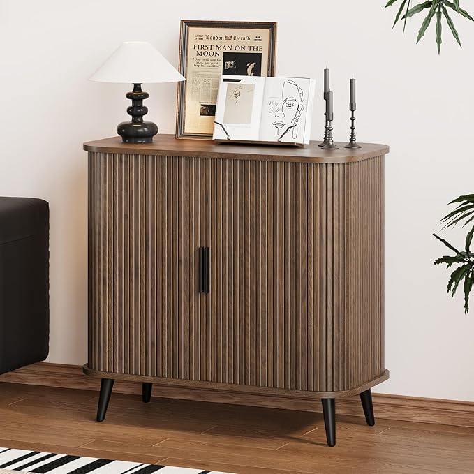 Accent Cabinet with Sliding Doors - Walnut Sideboard Buffet Cabinet with Storage for Coffee Bar, Console Table - MCM Design Bar Cabinets for Modern Home Décor Set 3