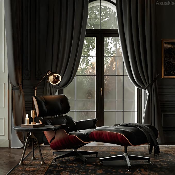 Top Black Grain Leather, Mid Century Chaise Lounge Chair and Ottoman, Modern Chair Classic Design, Heavy Duty Base Support for Living Room Study Lounge Office, Darkrosewood