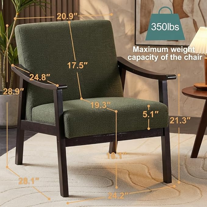 Mid-Century Modern Accent Chair, Upholstered Arm Chair Solid Wood Frame for Lounge, Living Room, Reading Room, Bedroom (Antique Green)