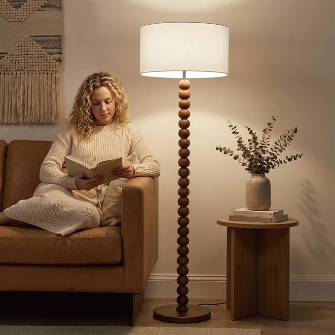 Buruis 61" Beaded Wood Floor Lamp with 17.2" Large Linen Shade, Retro Mid-Century Accent Walnut Finish Standing Lamp for Living Room, Bedroom, Office, Corner, UL Listed, Bulb Not Included, Cream