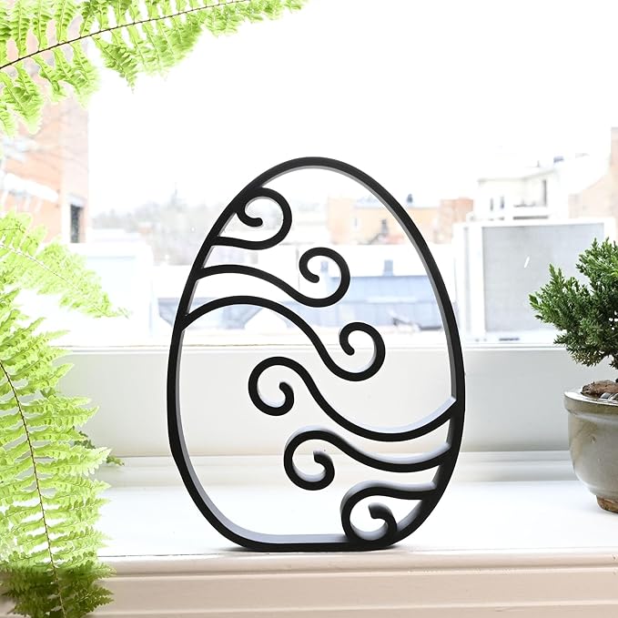 Easter Egg Sculpture – Minimalist Decorative Accent for Spring & Year-Round Home Decor | Collectible Design | Modern Holiday Display (Abstract Waves Matte Black)