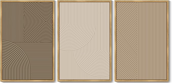PHOPAGO 24x36in Large Minimalist Abstract Framed Wall Art Modern Boho Neutral Line Wall Decor Geometric Artwork Bedroom Living Room Natural Framed