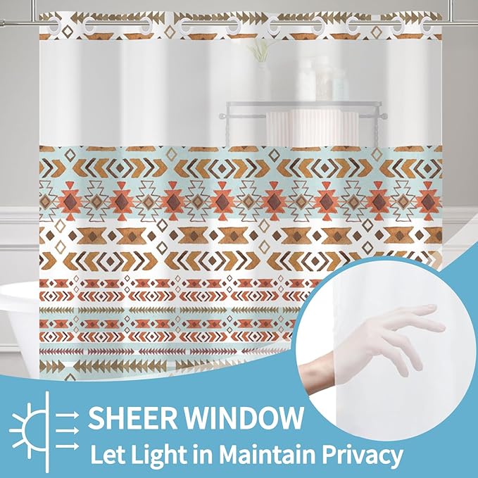 Boho Shower Curtain with Snap in Liner No Hook Mid Century Abstract Curtains for Bathroom Decorations Arch Sun Palm Leaf Waterproof Fabric Bath Accessories Washable 71x74 Inch