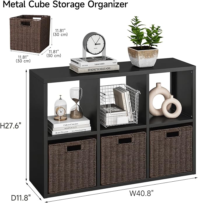 IRONMIX Metal 6 Cube Storage Organizer with 2 Storage Basket, Short Black Bookshelf with Storage, 2 Tier Horizontal Bookshelf Open Bookcase Cube Shelf for Home Office Library (Black, 1037 with Basket)