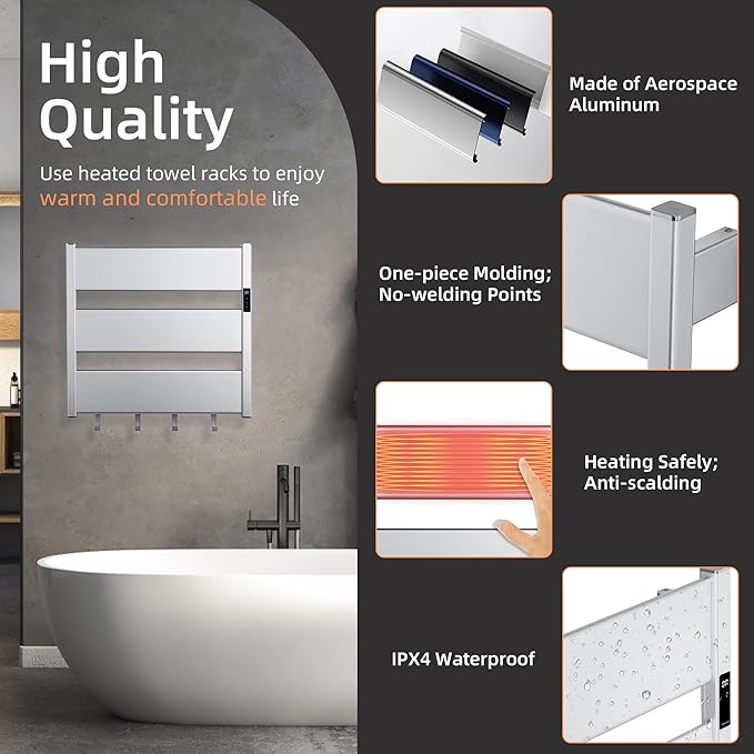 K&KALONZO Towel Warmer for Bathroom, Wall-Mounted Heated Towel Rack with Built-in Timer, Waterproof Alumnimum Electric Towel Heater, Support Plug-in and Hardwired, Sliver, H3-S
