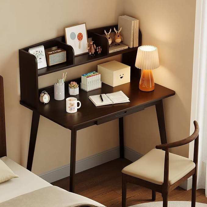 IOTXY Small Writing Desk with Hutch - 39.4" Work Computer Study Table with Drawer for Home and Office, Black Walnut