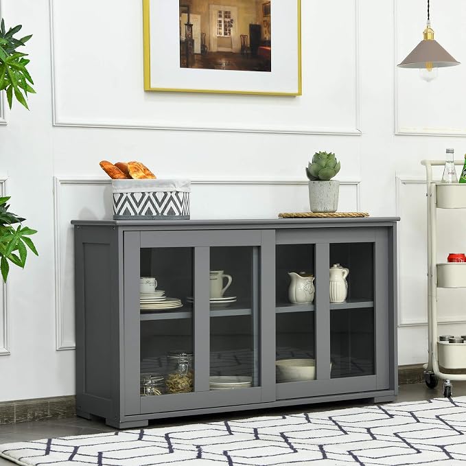 Giantex Buffet Sideboard, Wood Credenza with Sliding Doors, Storage Cabinet with Adjustable Shelf, Modern Console Table, Kitchen Cupboard, Buffet Pantry, Living Room Dining Room Furniture (Gray)