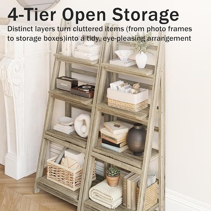Ladder Shelves - Folding Wooden Ladder Bookshelf, 4-Tier Retro Plant Stand Storage Shelves for Home Living Room, Light Brown