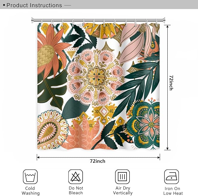 Bohemian Floral Bathroom Shower Curtain Boho Abstract Tropical Leaves Flowers with Hooks Polyester Waterproof Fabric Paisley Unique Trendy Woman Decor, 72x72 Inch