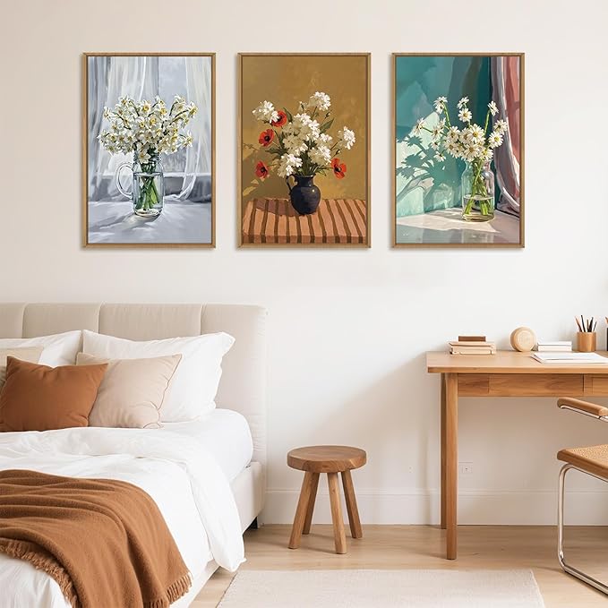 LHIUEM Large Vintage Botanical Floral Framed Canvas Wall Art,Boho White Daisy Vase Wall Decor,Modern Flower Sunshine Prints,Rustic Wildflower Artwork for Living Room,Bedroom,Dining Room,Office -24"x36"x3
