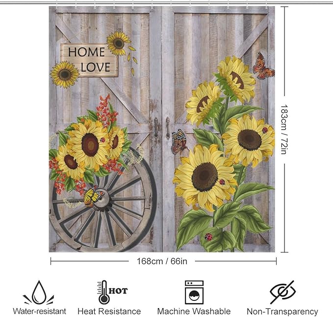 Rustic Sunflowers Butterfly Shower Curtain, Wooden Board Western Barn Door Farmhouse Vintage Daisy Floral Botanical Waterproof Shower Curtains for Bathroom Decor 12 Pack Hooks 66x72in（168x183cm）