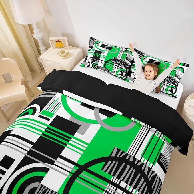 Erosebridal Art Deco Mid Century Duvet Cover Set Retro Modern Abstract Geometric Queen Bedding Set for Youth Boys Black and White Green Circles Stripes Comforter Cover Contemporary Bed Sets