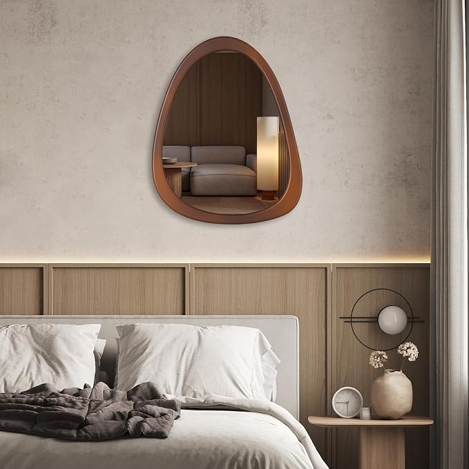 28"x 22" Irregular Wall Mirror, Wood Frame Asymmetrical Decorative Wall Wooden Mirror for Living Room Bedroom Entryway Bathroom Mid Century Home Decor Cherry Brown