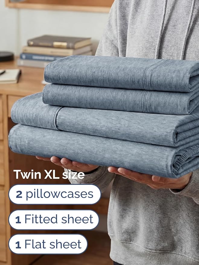 Extra Deep Twin XL Sheet Set - 4 Piece College Dorm Bed Sheets Set with Extra Deep Pockets - Ultra-Soft, Comfy & Breathable Bedding for Women, Men, Kids & Teens - Wrinkle & Fade Free - Heathered Blue
