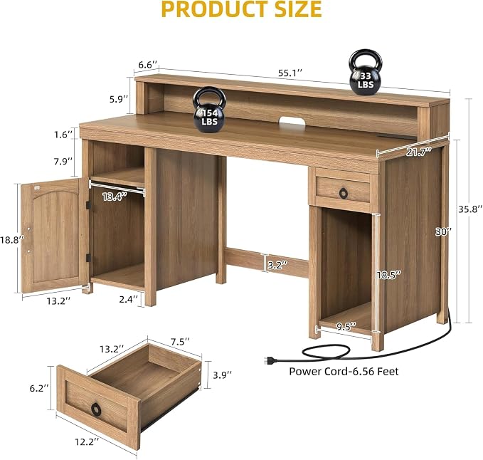 DWVO Farmhouse Office Desk with Drawer & Power Outlets, Rattan Computer Desk w/LED Strip & Monitor Stand for Bedchamber Study, Home Office Table w/Storage Cabinet for Working Writing Gaming (Oak)