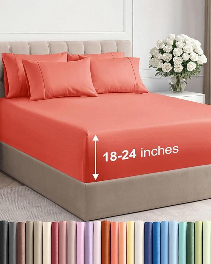 Extra Deep King Sheet Set - 6 Piece Breathable and Cooling Sheets - Hotel Luxury Bedding for Women, Men, Kids & Teens - Easy & Secure Fit - Soft, Wrinkle Free and Comfy - Extra Deep Pockets - Coral