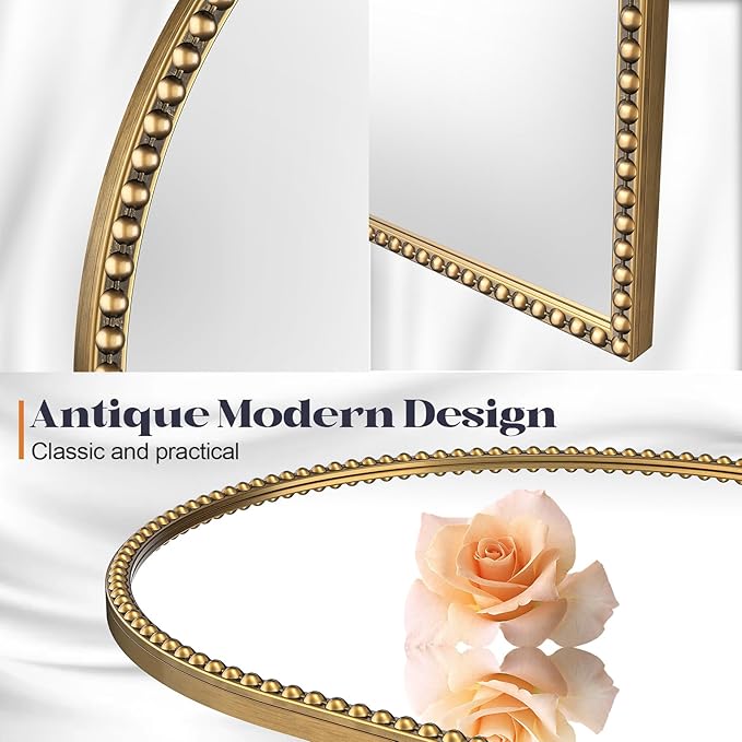 Arched Gold Antique Mirror with Beaded, 22"x48" Gold Arch Bathroom Vanity Mirror, Retro Brass Metal Frame Decorative Mirror for Bedroom Dressing Room Entryway Fireplace